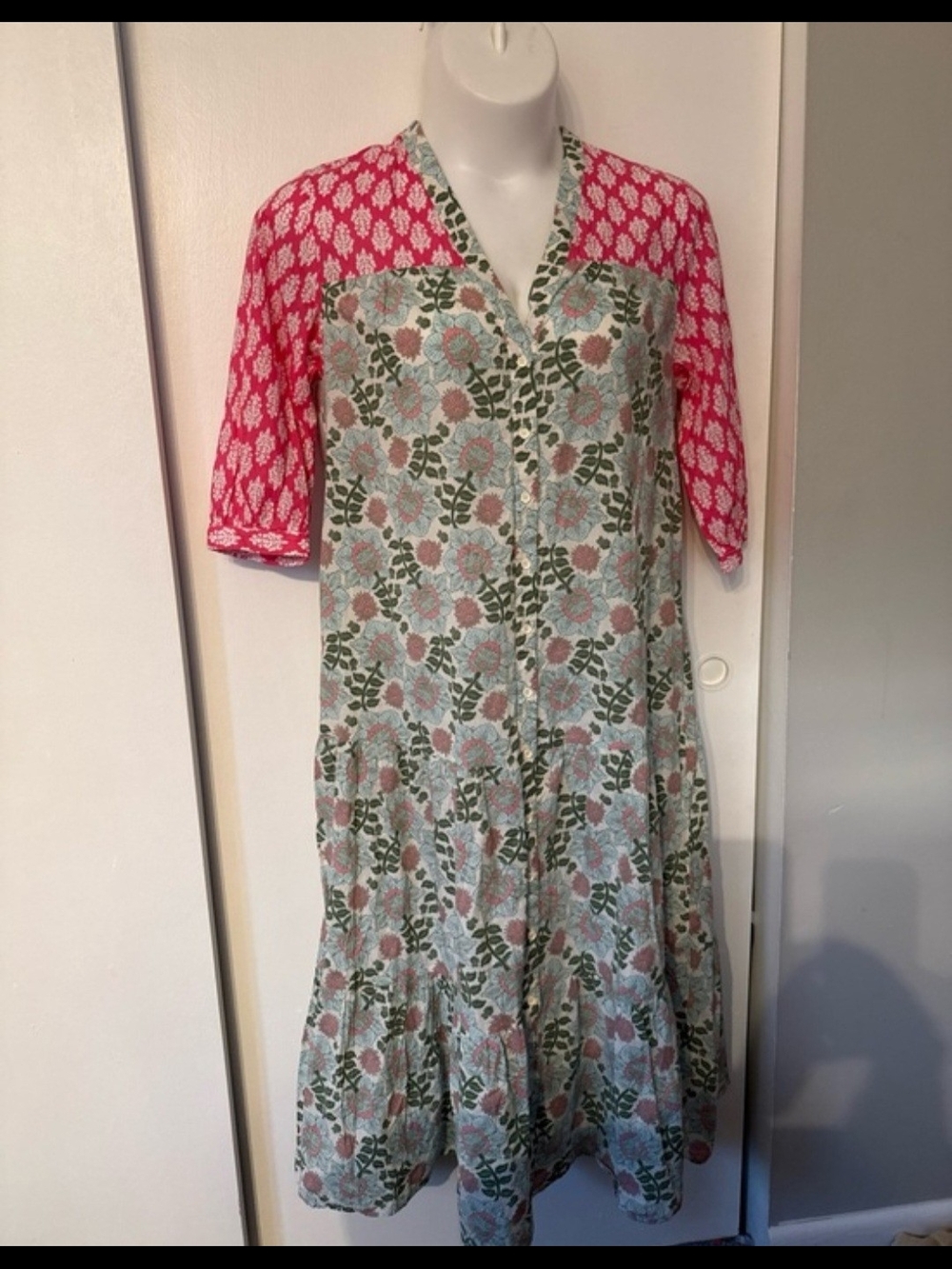 Zara Green Floral Midi Dress with Pink Patterned Sleeves